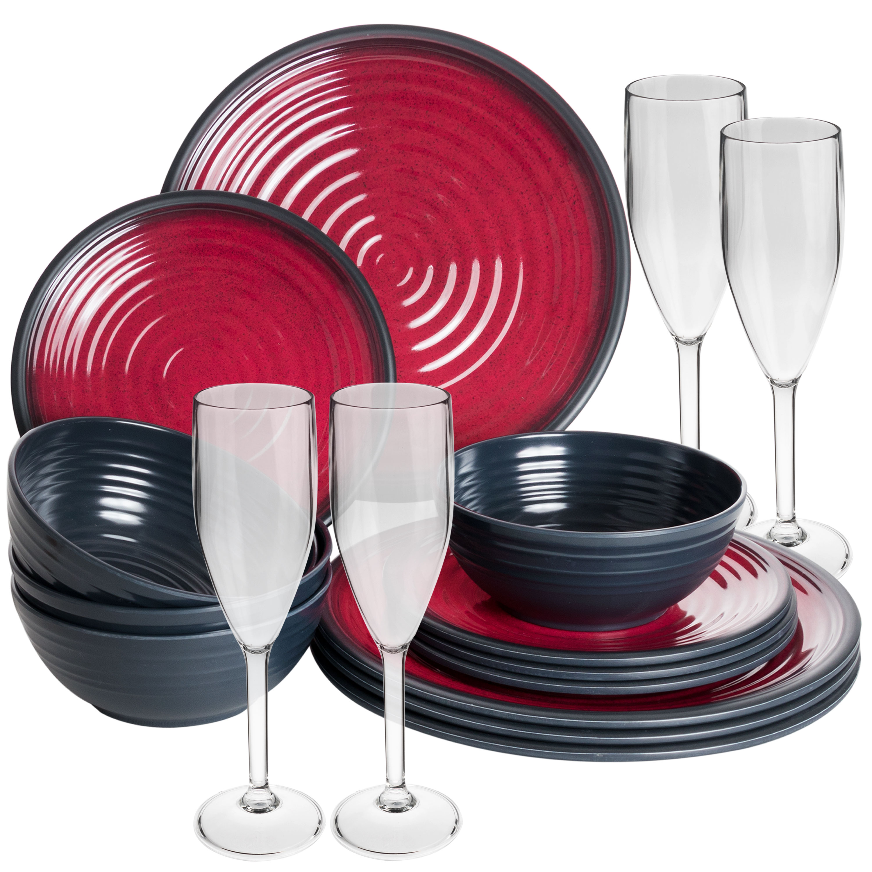 Melamin Camping eBay Gläsern Tassen Set schwarz mit Essgeschirr rot | Geschirr oder